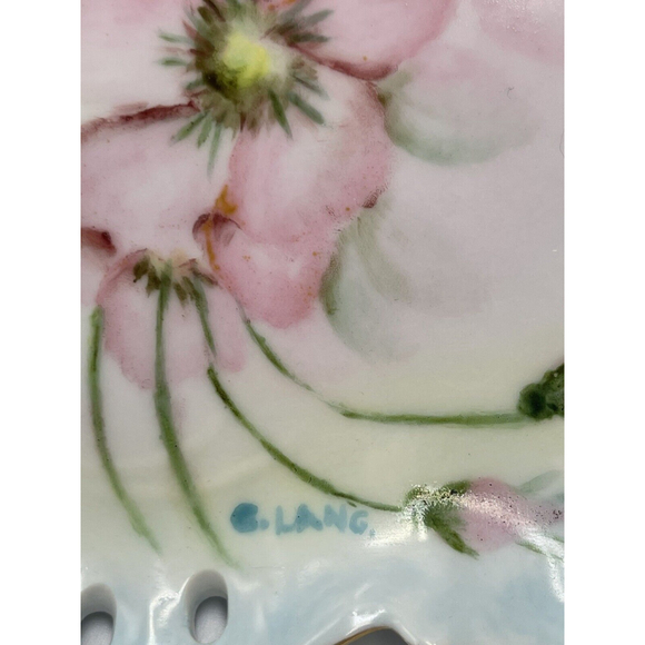 Hand Painted Reticulated Porcelain Trinket Dresser Jewelry Dish Signed Date 1961 - Picture 3 of 8